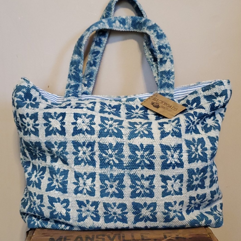 Backroads Textiles, Blue Print, Block, Tote Bag, Weekend, Getaway, Bag